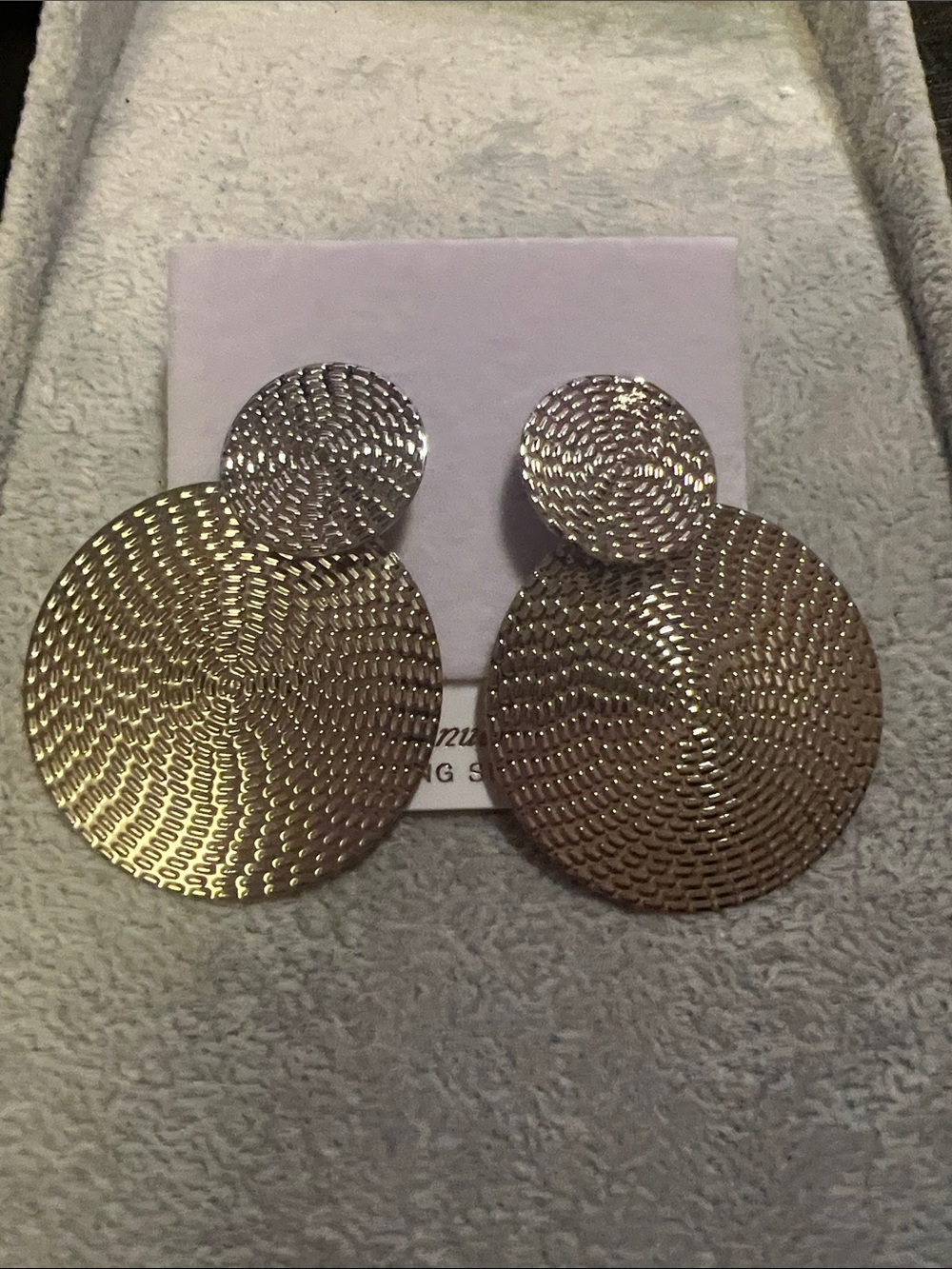 Silver Textured Double Disk Statement Earrings - Women Accessories
